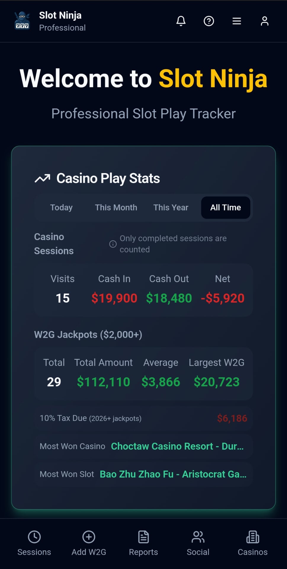 Slot Ninja mobile application screenshot